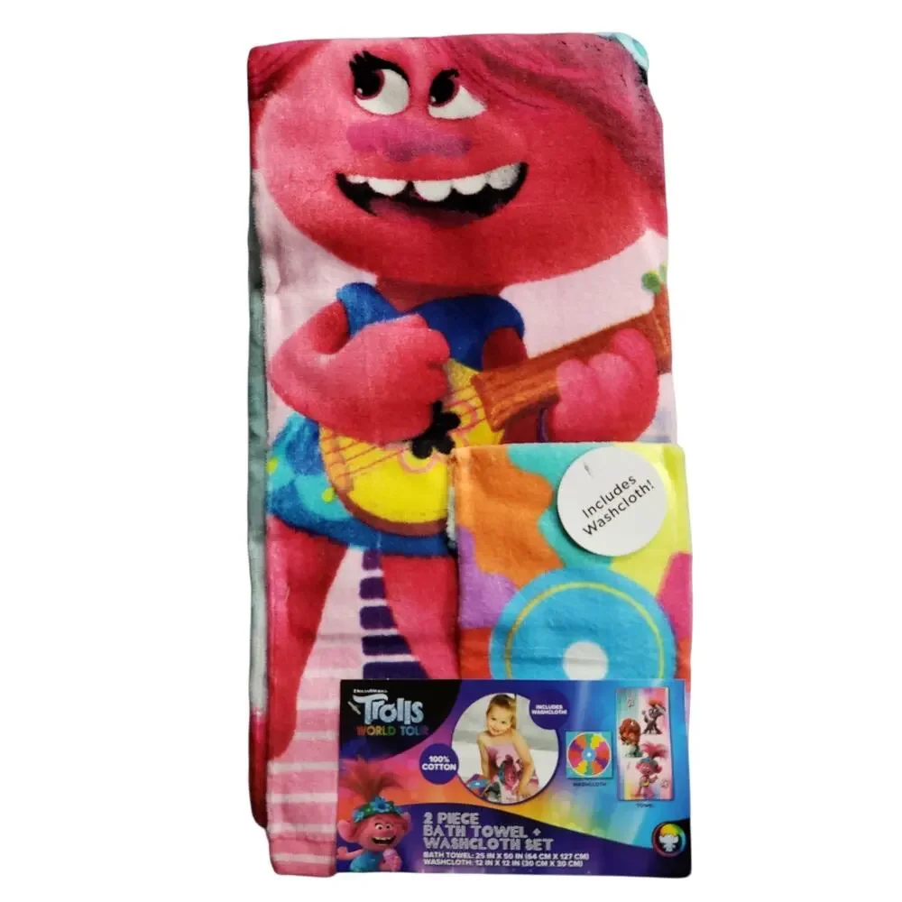 Trolls World Tour Towel & Wash Cloth Set 100% Cotton Kids Bathroom Decor Pool